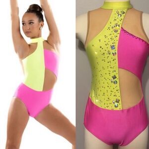 Patrick J dance custom Solo neon pink yellow gravity leotard bedazzled LA adult
